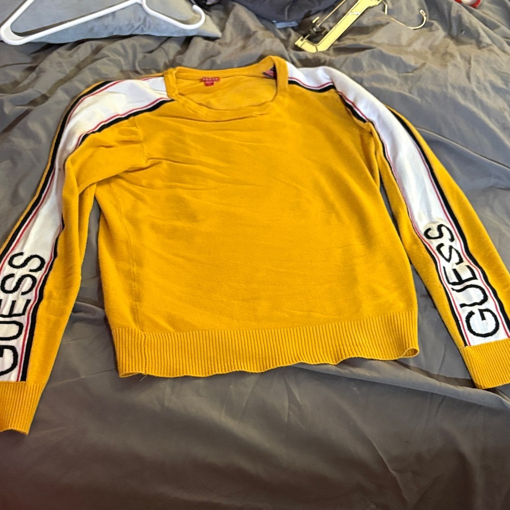 Guess Mustard Yellow Sweater with Logo Sleeves